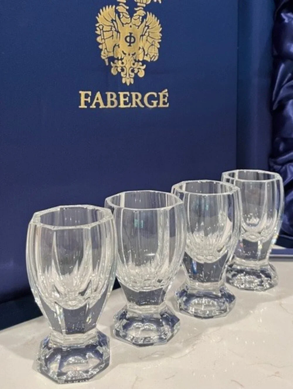 House of Faberge Czarina Crystal‎ Decanter Set 4 Liqueur Shot Glasses Case NIB